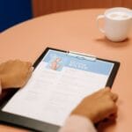 Rekruter przegląda CV kandydata przy kawie podczas rozmowy o pracę